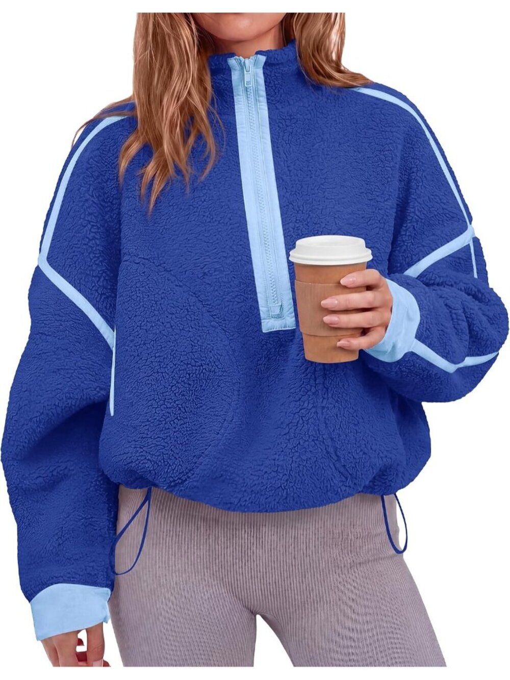 Women's Blue Mock Neck Imported Half Zip Sherpa Fleece Pullover Sweatshirt